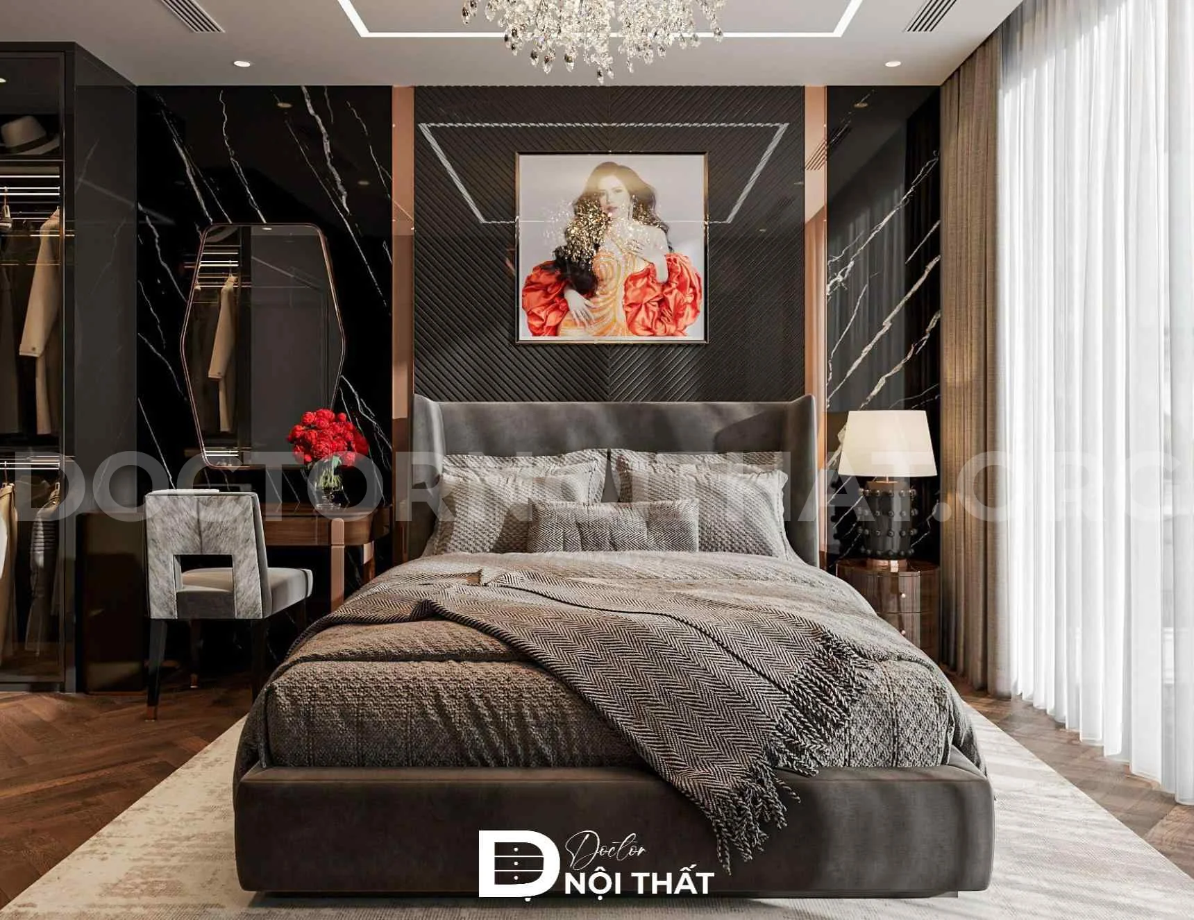 Thiết kế nội thất phòng ngủ master biệt thự song lập với tone màu xám chủ đạo cùng chất liệu cao cấp