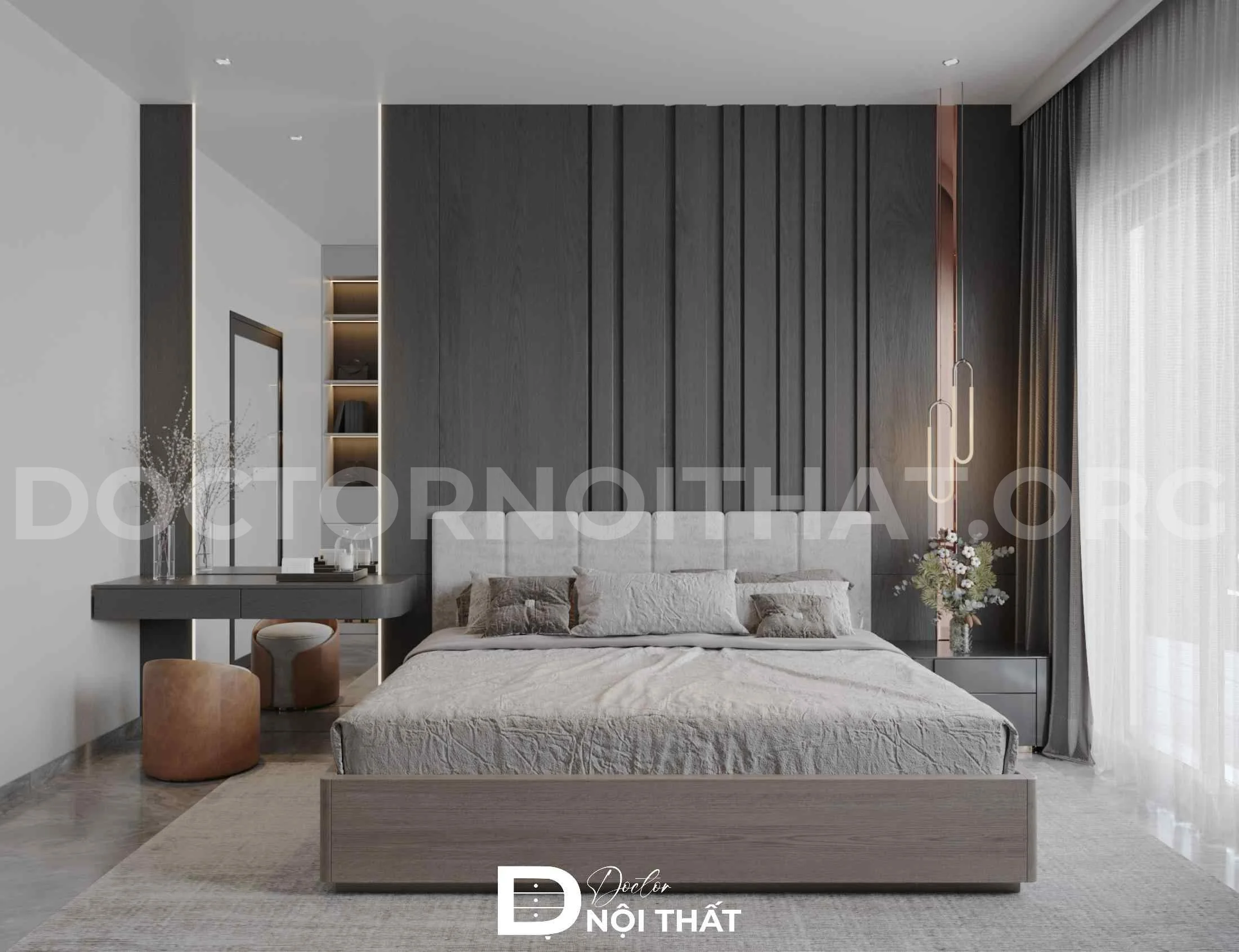 Phòng ngủ thiết kế nội thất đầy đủ tiện nghi với tone màu xám chủ đạo