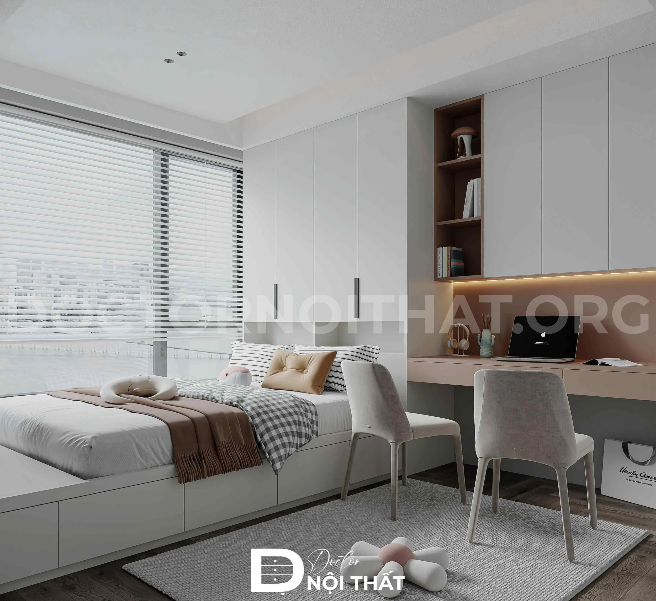 Thiết kế nội thất phòng ngủ hiện đại với tone màu trắng chủ đạo