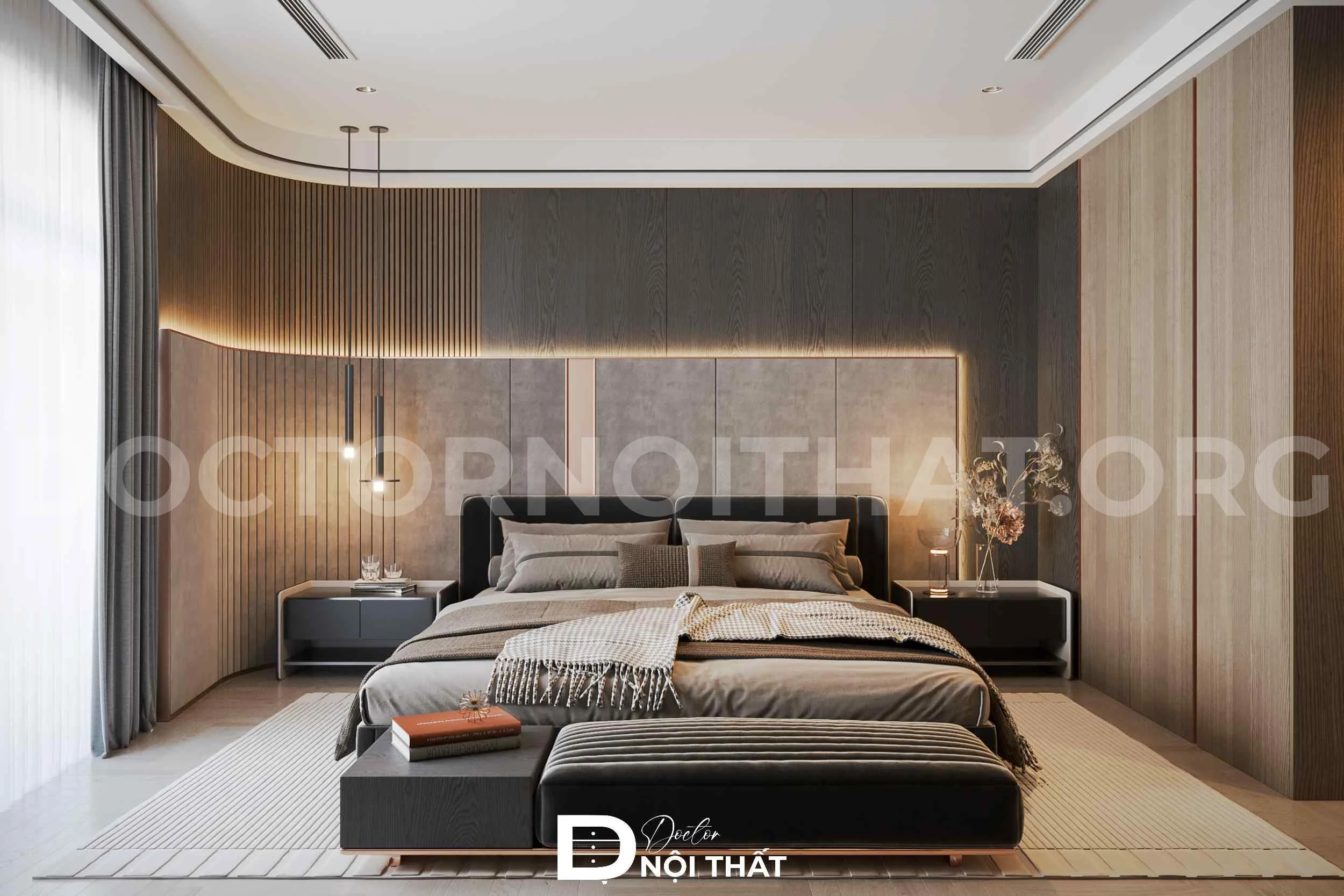 Phòng ngủ thiết kế nội thất sang trọng với gam màu tối chủ đạo