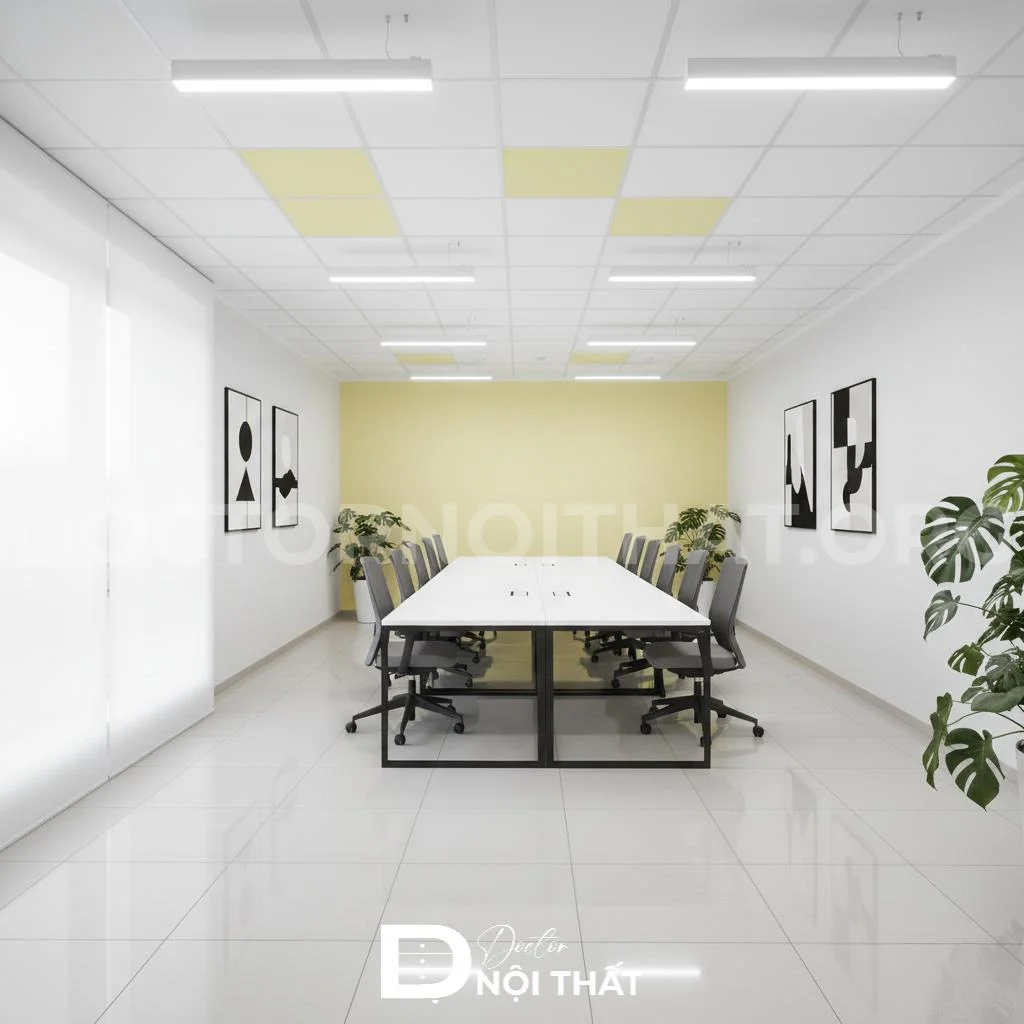 Mẫu thiết kế nội thất phòng họp văn phòng với gam màu trắng chủ đạo