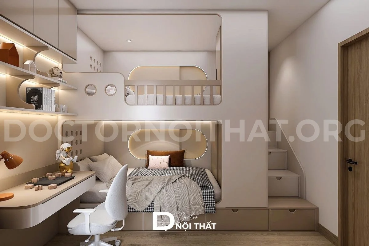 Mẫu thiết kế nội thất phòng ngủ thông minh với giường tầng đa năng