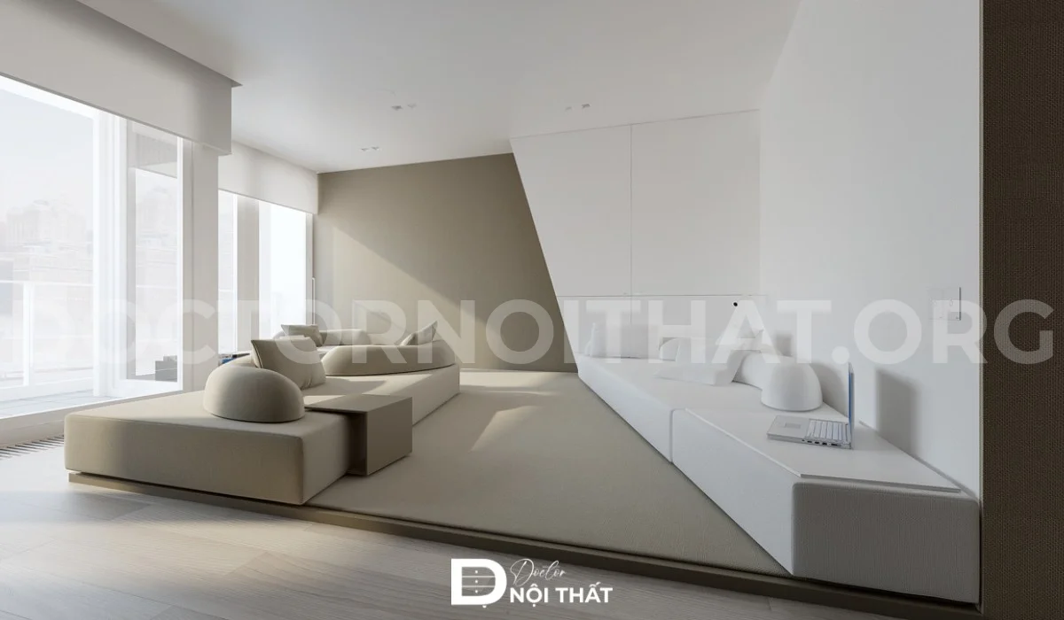 Mẫu thiết kế nội thất phòng khách tối giản với bàn gỗ và sofa chất liệu vải