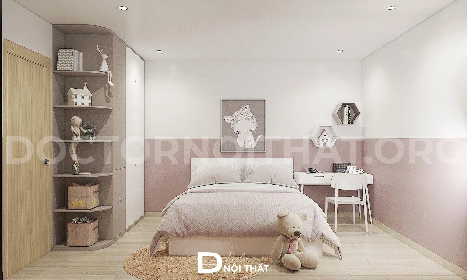 Mẫu phòng ngủ bé gái 12 tuổi được thiết kế rộng rãi với nội thất đơn giản