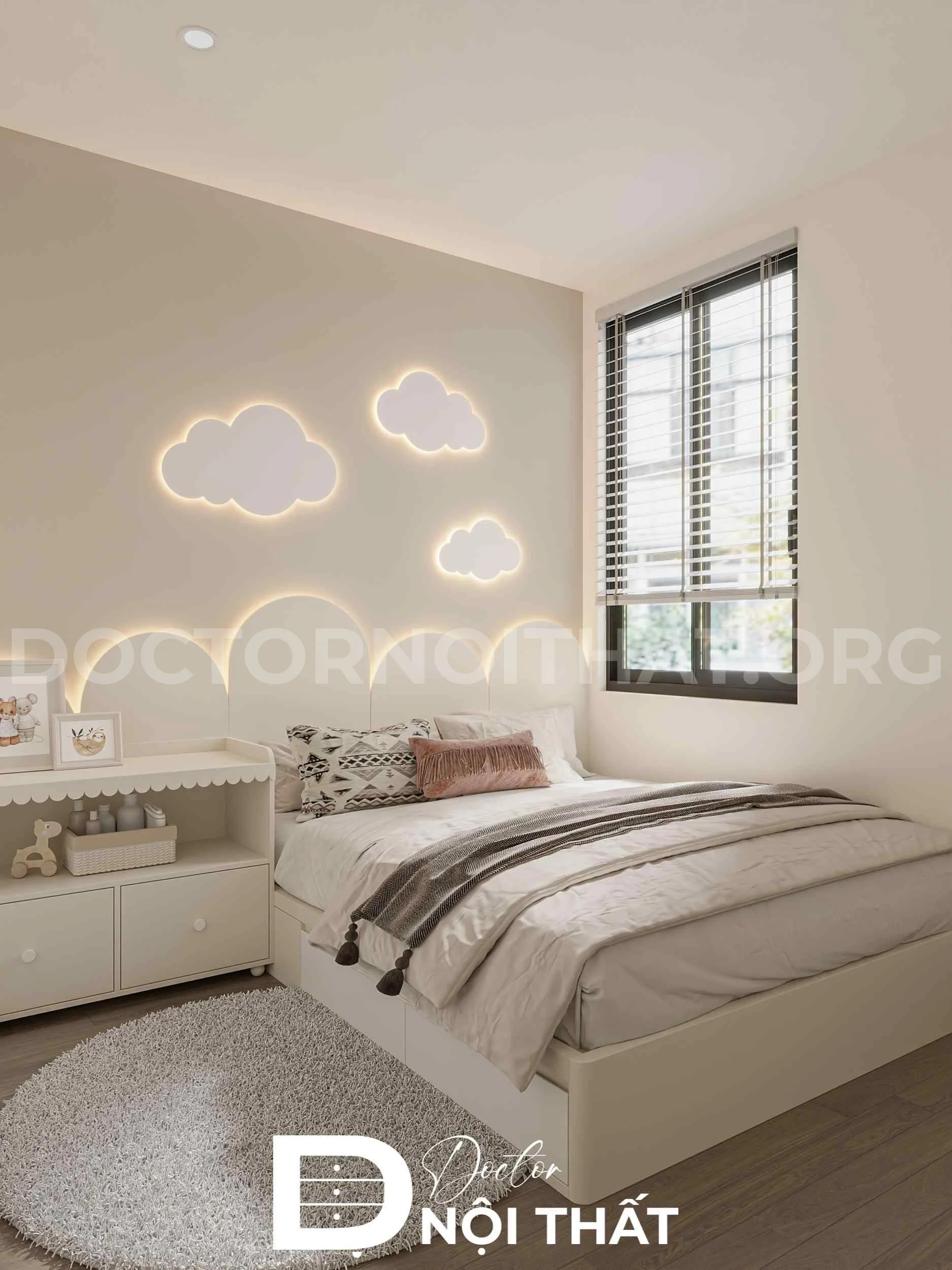 Mẫu thiết kế nội thất phòng ngủ bé gái 15m2 trang trí họa tiết đám mây tại đầu giường