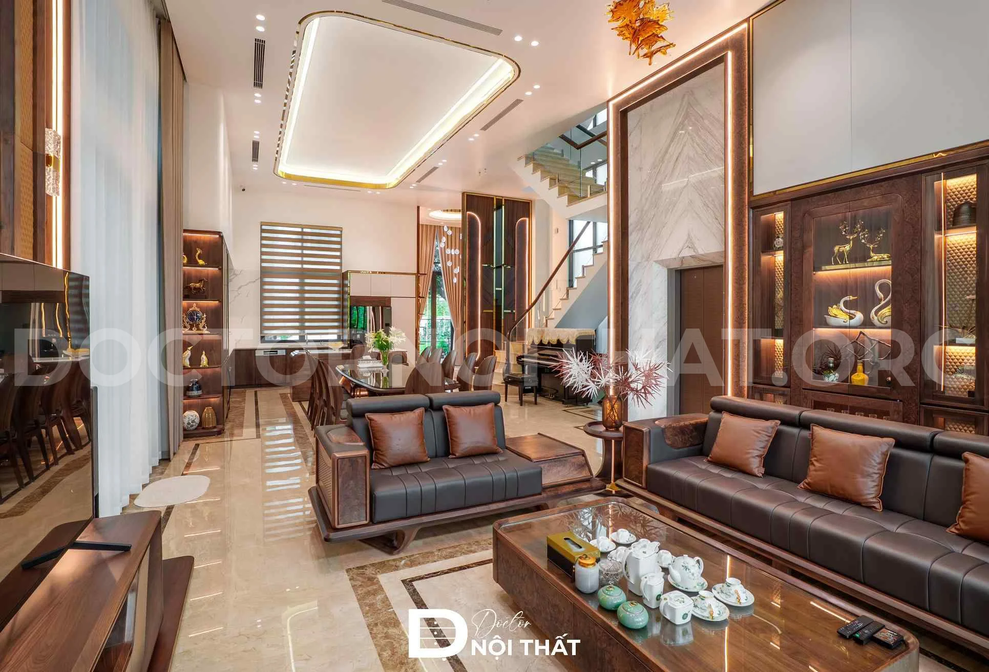 Thi công nội thất biệt thự với chất liệu gỗ óc chó cao cấp