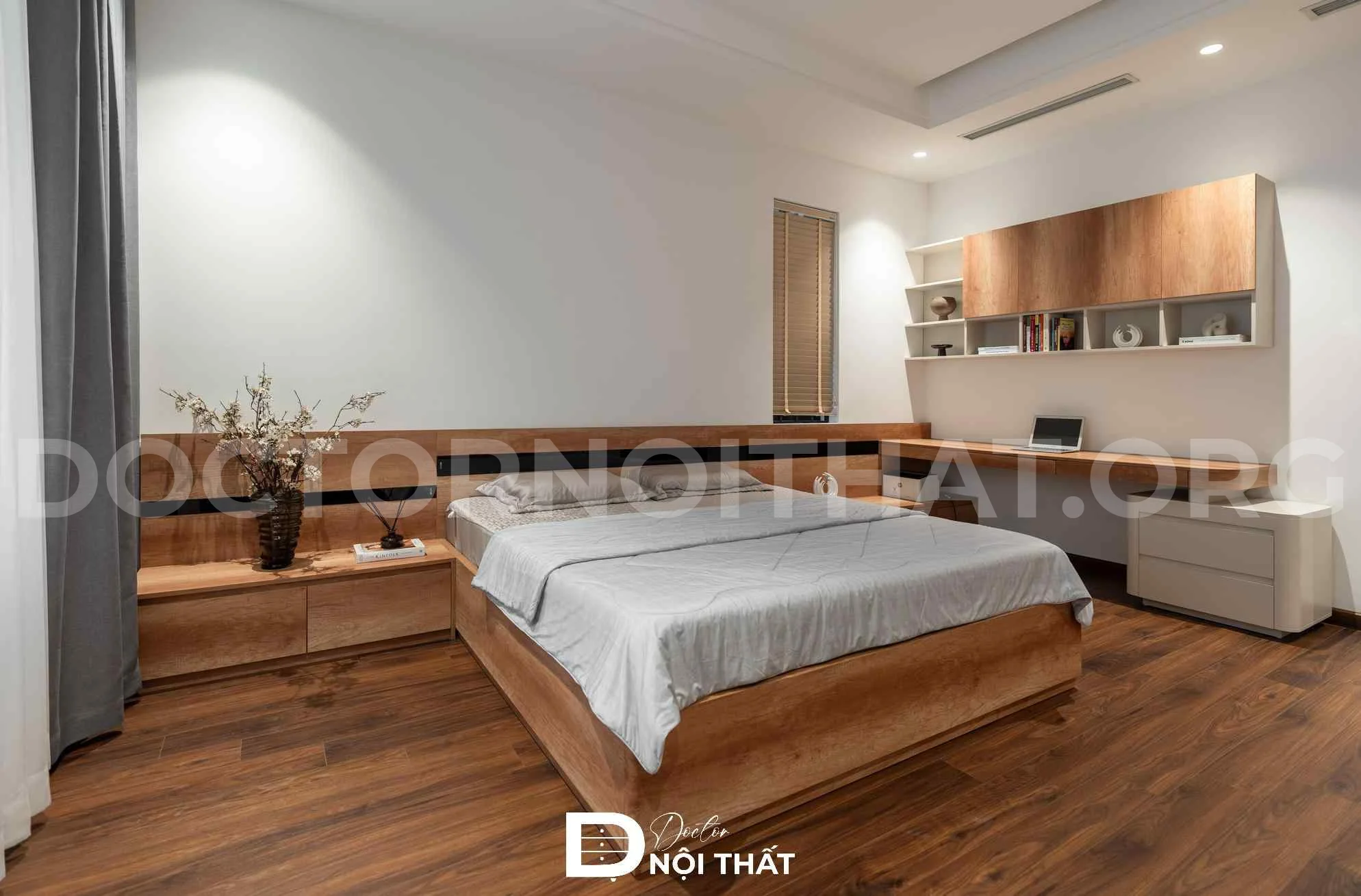 Thi công nội thất phòng ngủ tone màu gỗ mang đến cảm giác ấm cúng, gần gũi