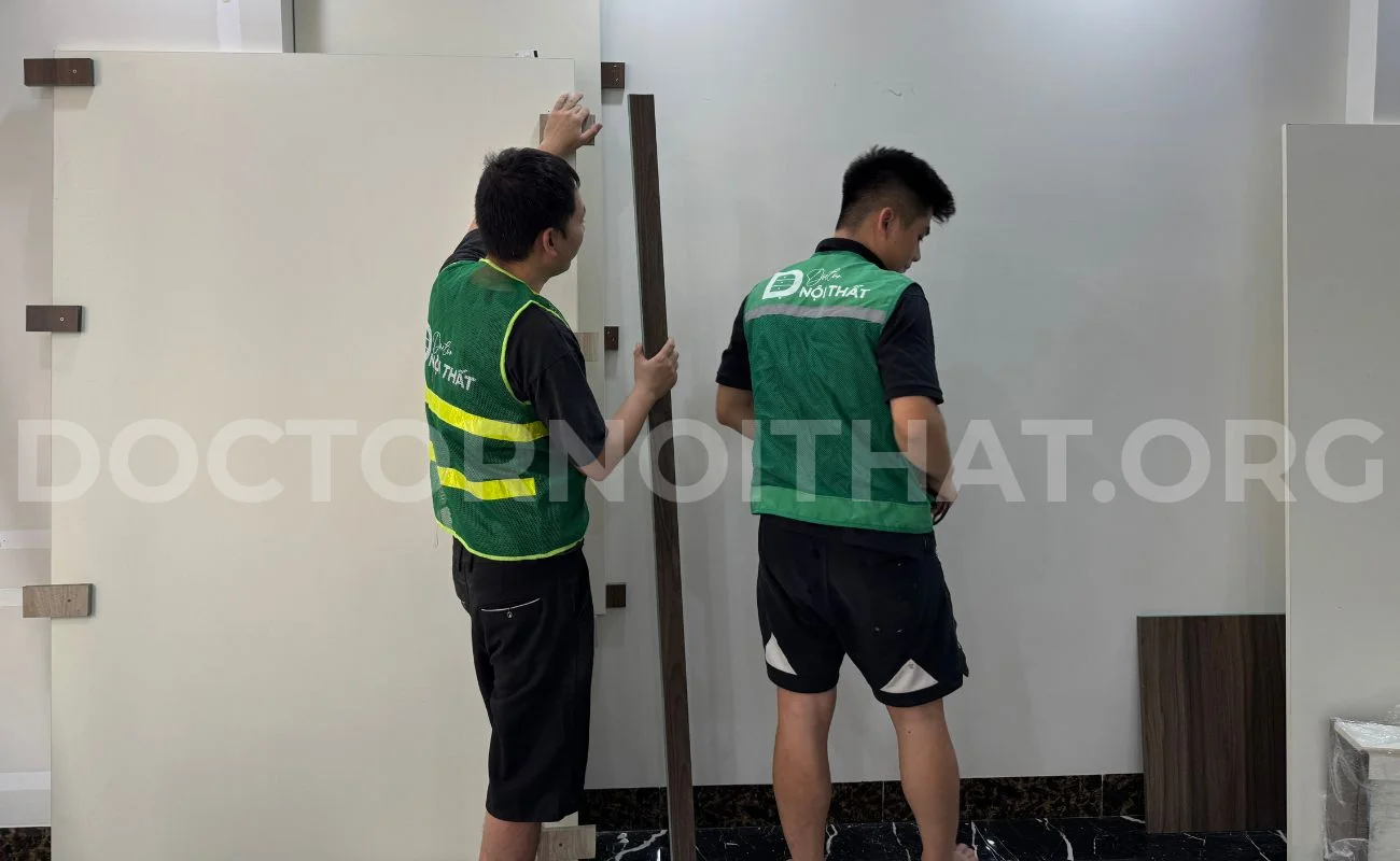 Thợ thi công tại Doctor Nội Thất đang triển lắp đặt nội thất biệt thự