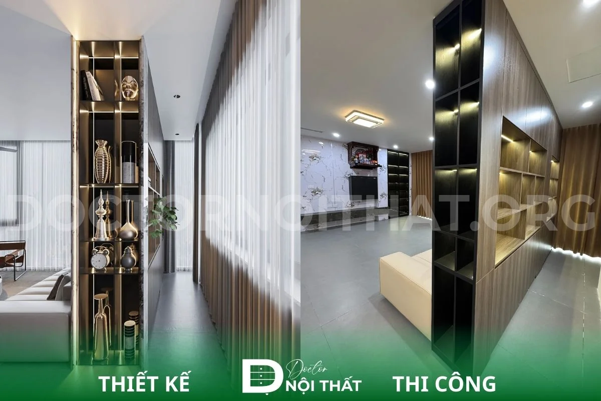 Một góc tủ trưng bày trước và sau khi hoàn thiện thi công nội thất chung cư