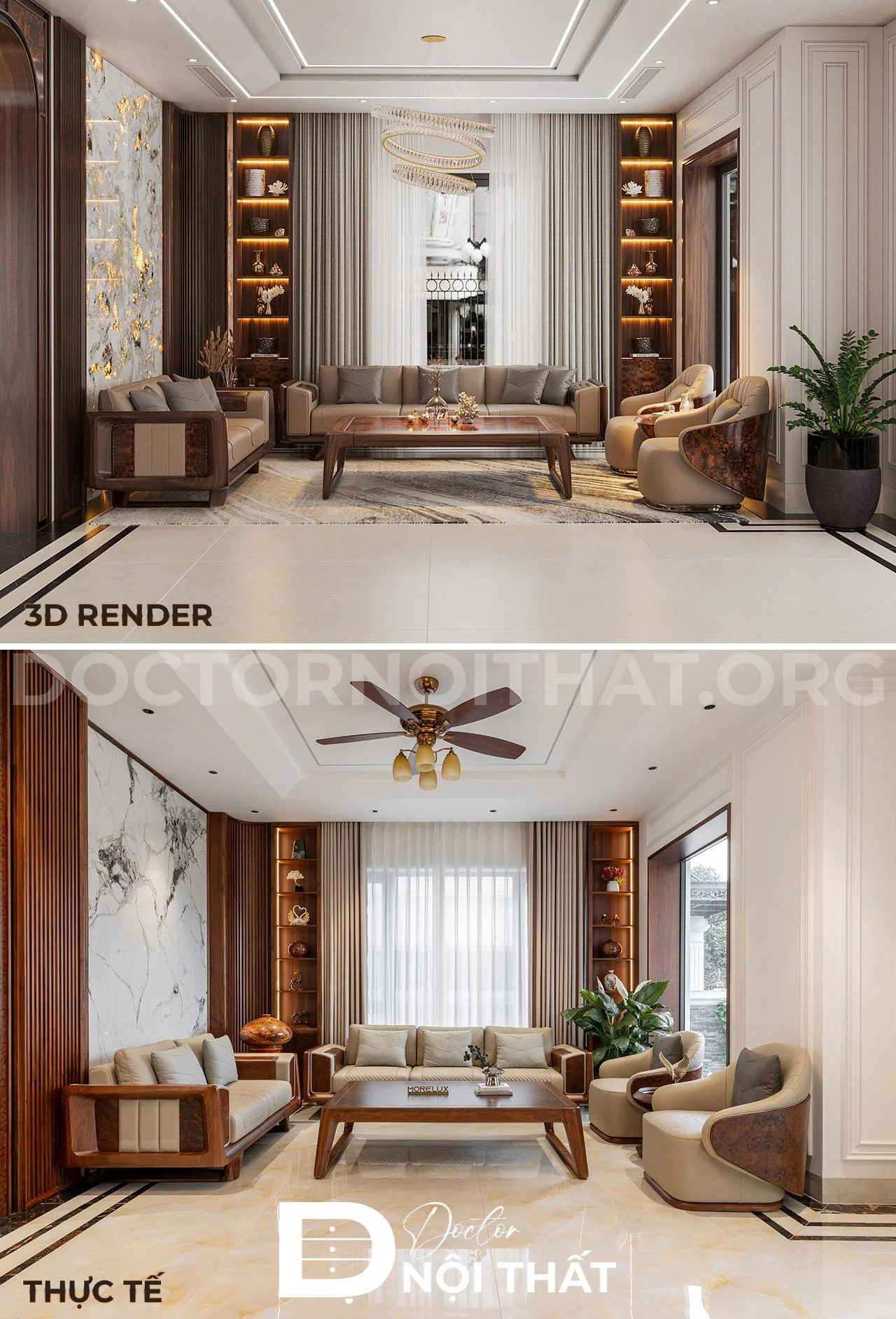Dự án thi công nội thất nhà phố bằng gỗ óc chó giữa 3d và thực tế