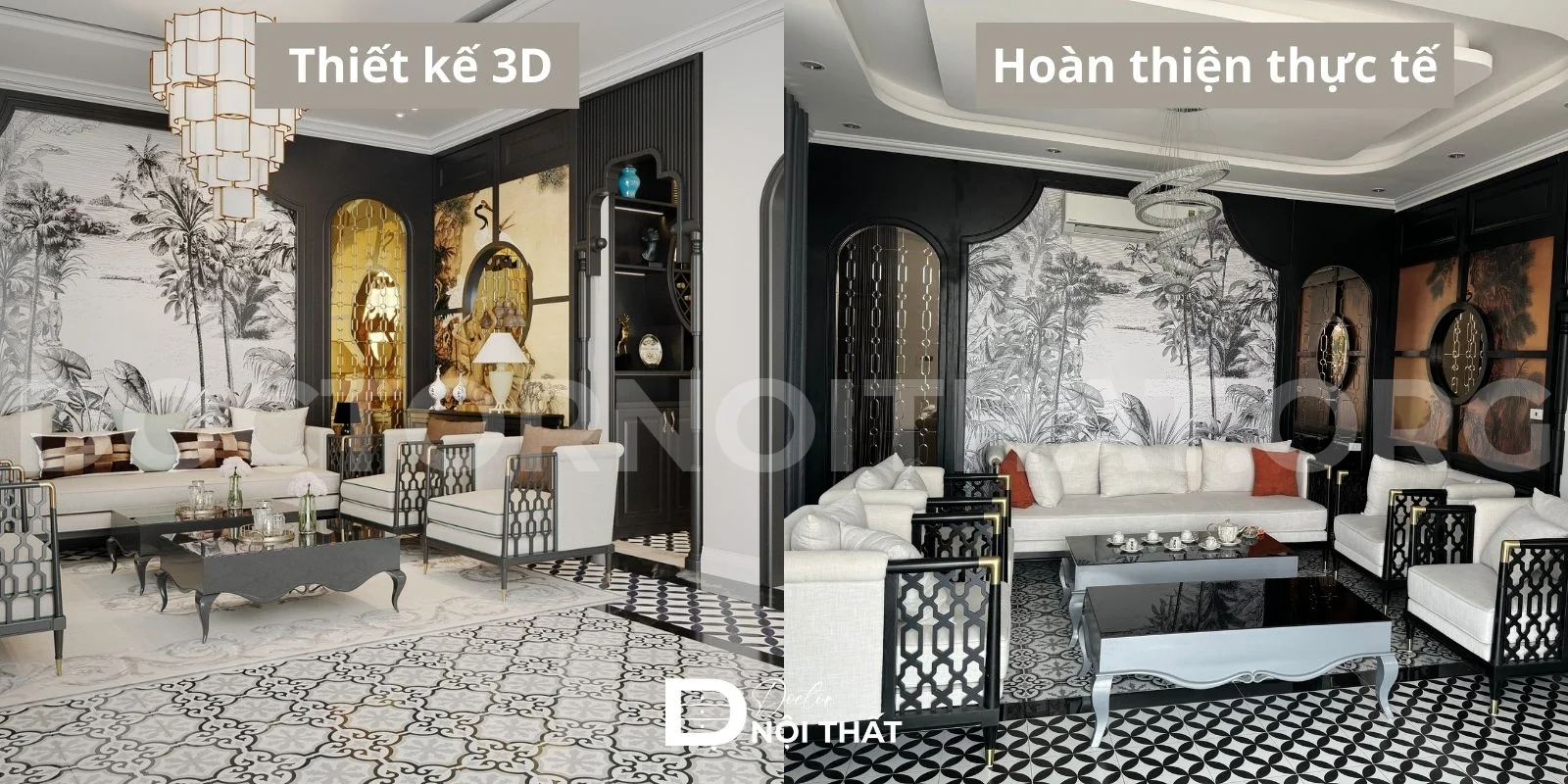 Bản vẽ 3D và công trình khi hoàn thiện thi công nội thất