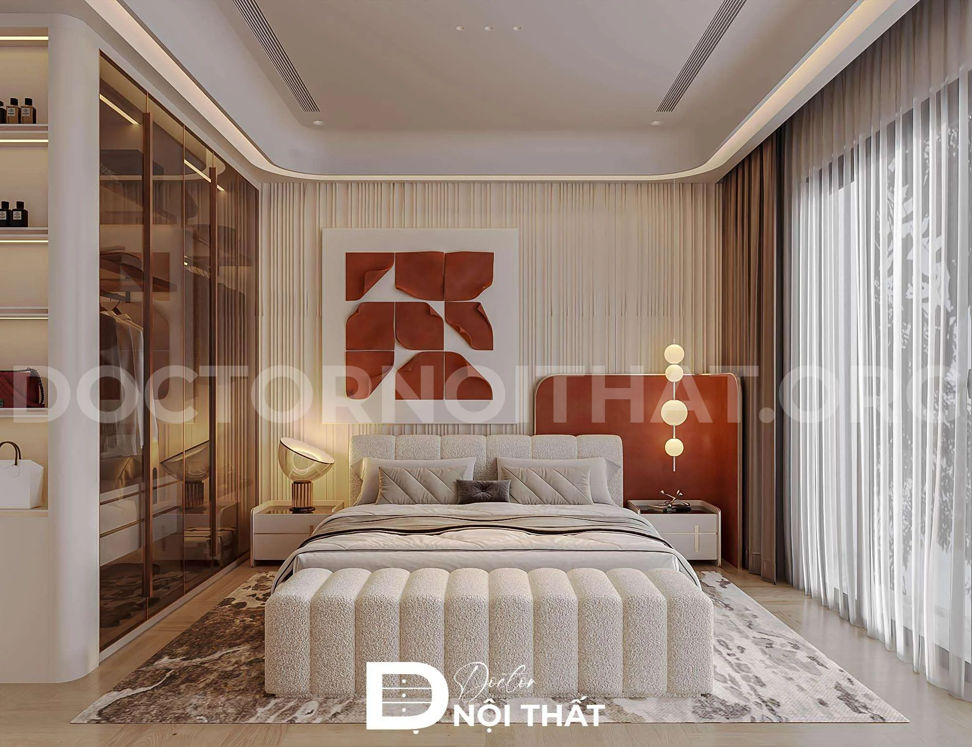 Mẫu thiết kế nội thất phòng ngủ biệt thự đương đại với gam màu ấm cúng