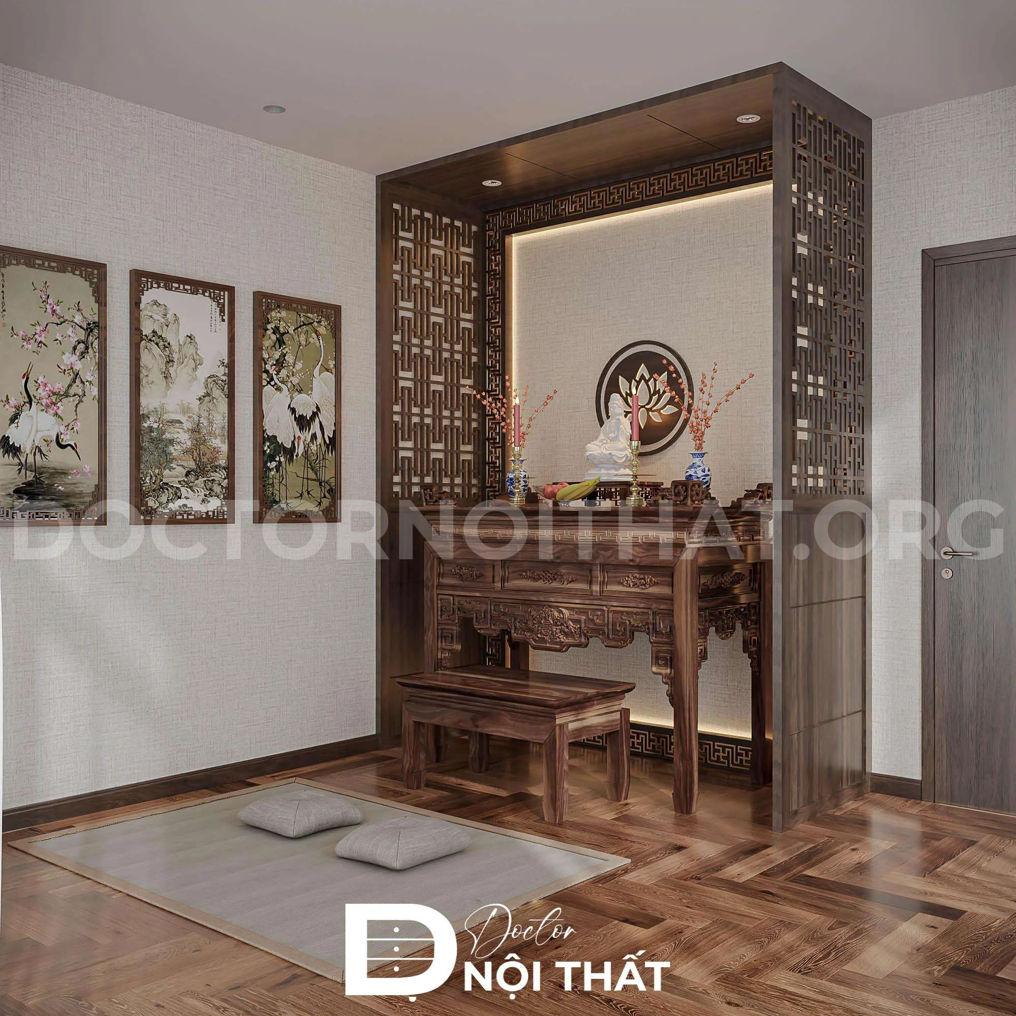 Mẫu thiết kế nội thất phòng thờ biệt thự với vách gỗ hoa văn sang trọng