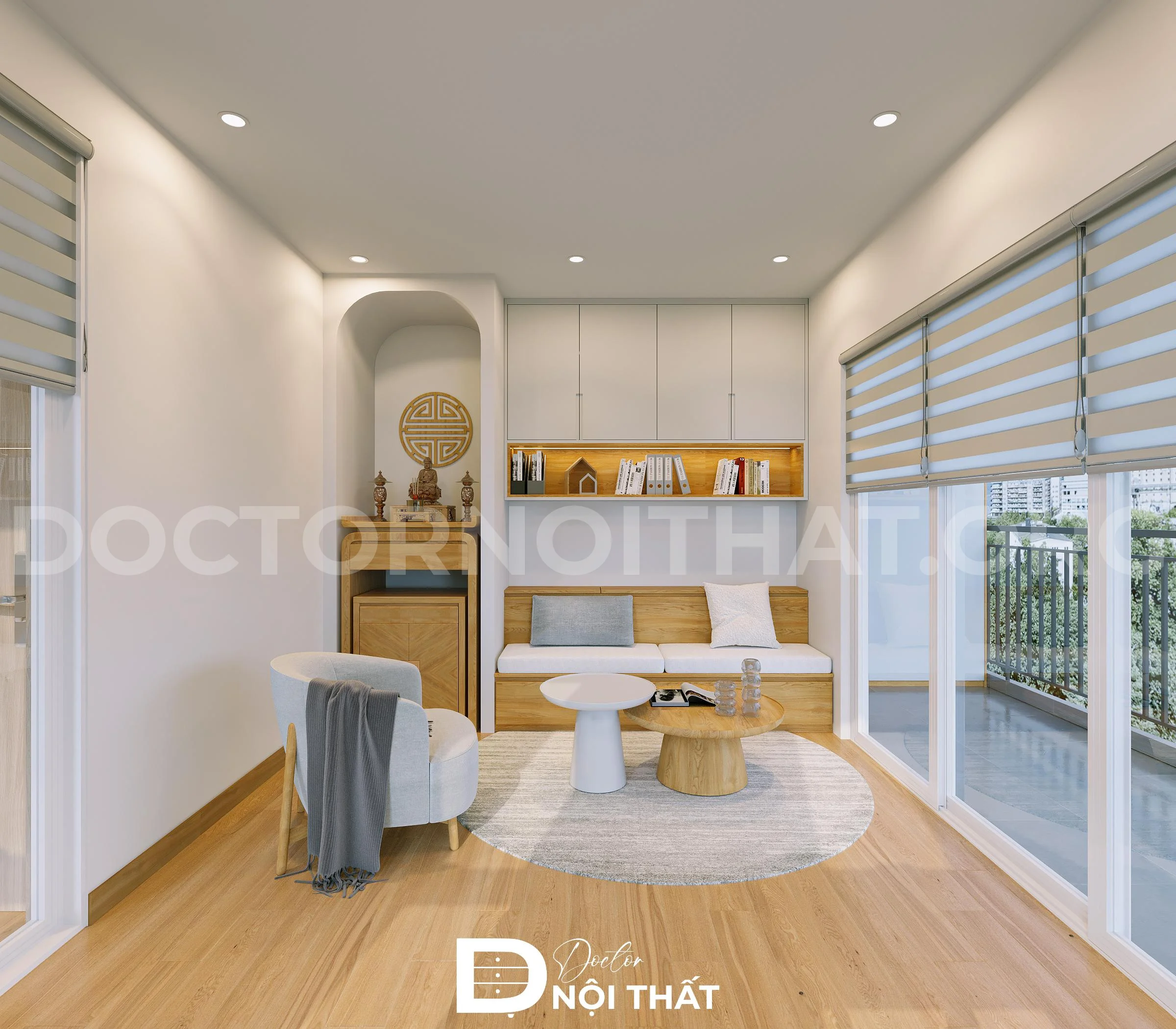 Mẫu thiết kế nội thất chung cư 3 ngủ với không gian phòng khách nối liền ban công để đón gió dễ dàng