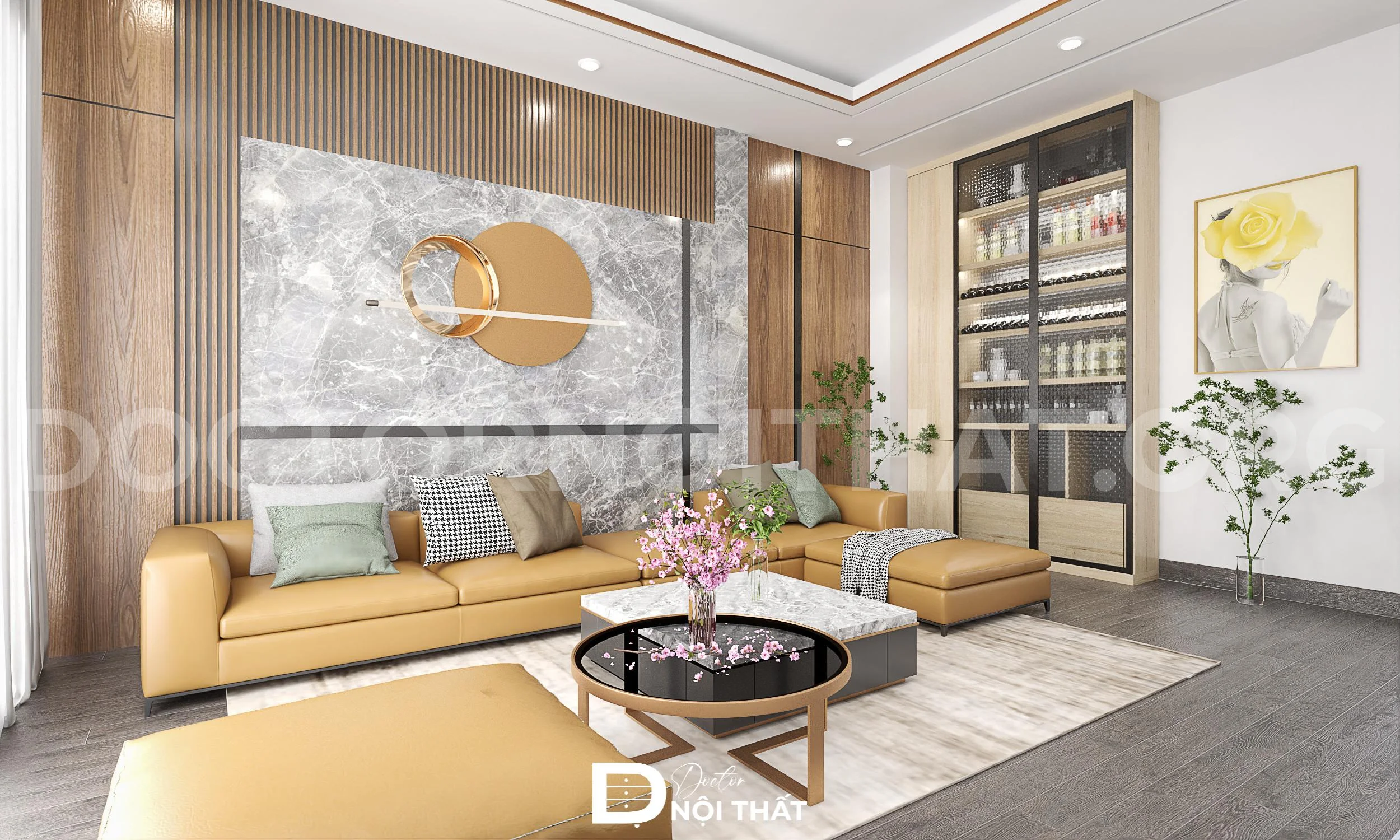 Mẫu thiết kế nội thất chung cư 3 phòng ngủ sẽ sử dụng chi tiết trang trí mang đậm hơi hướng Nhật Bản như bình hoa anh đào, tranh sắt hình tròn
