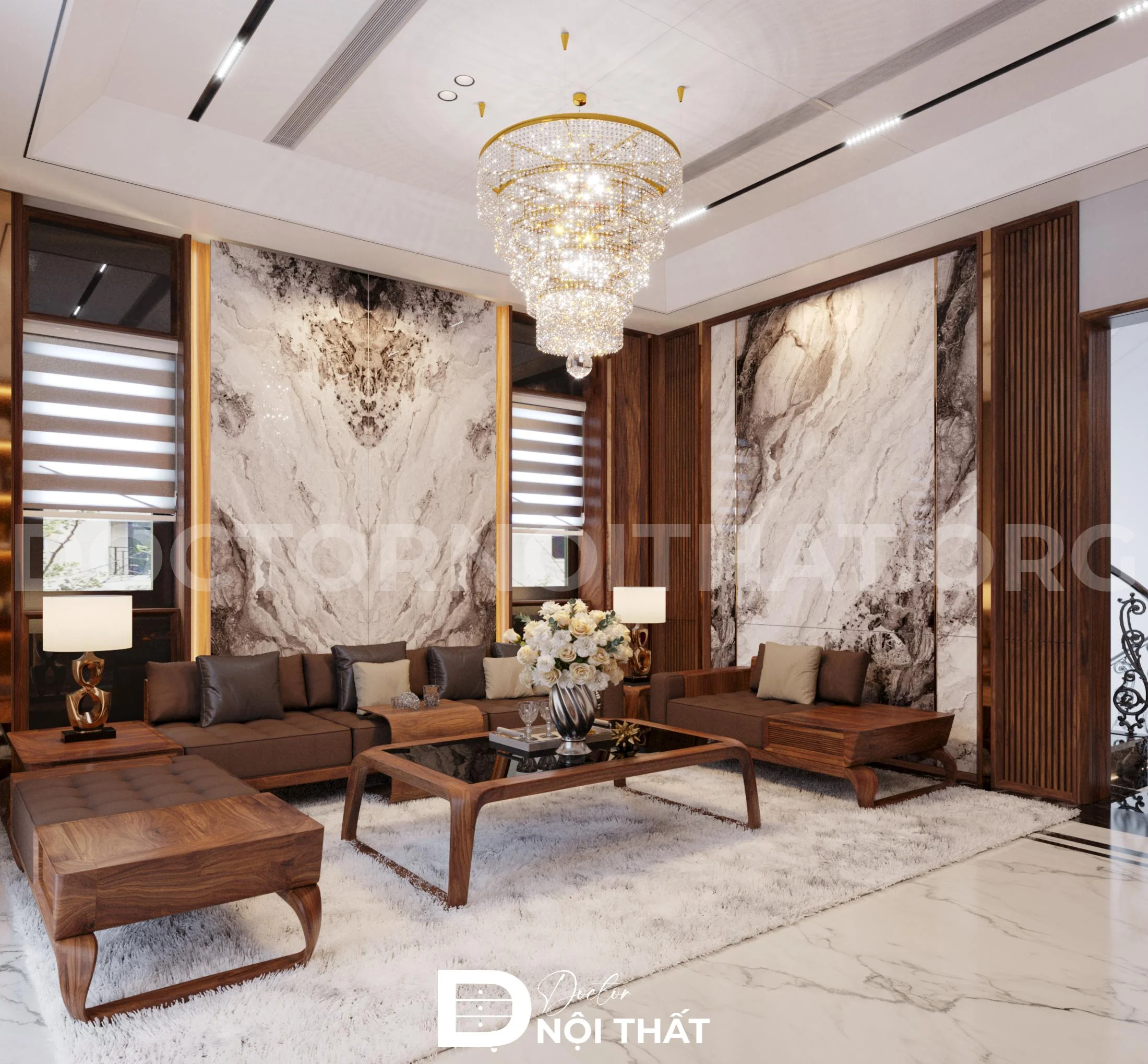 Mẫu thiết kế nội thất chung cư 3 phòng ngủ theo phong cách Luxury kết hợp gỗ óc chó
