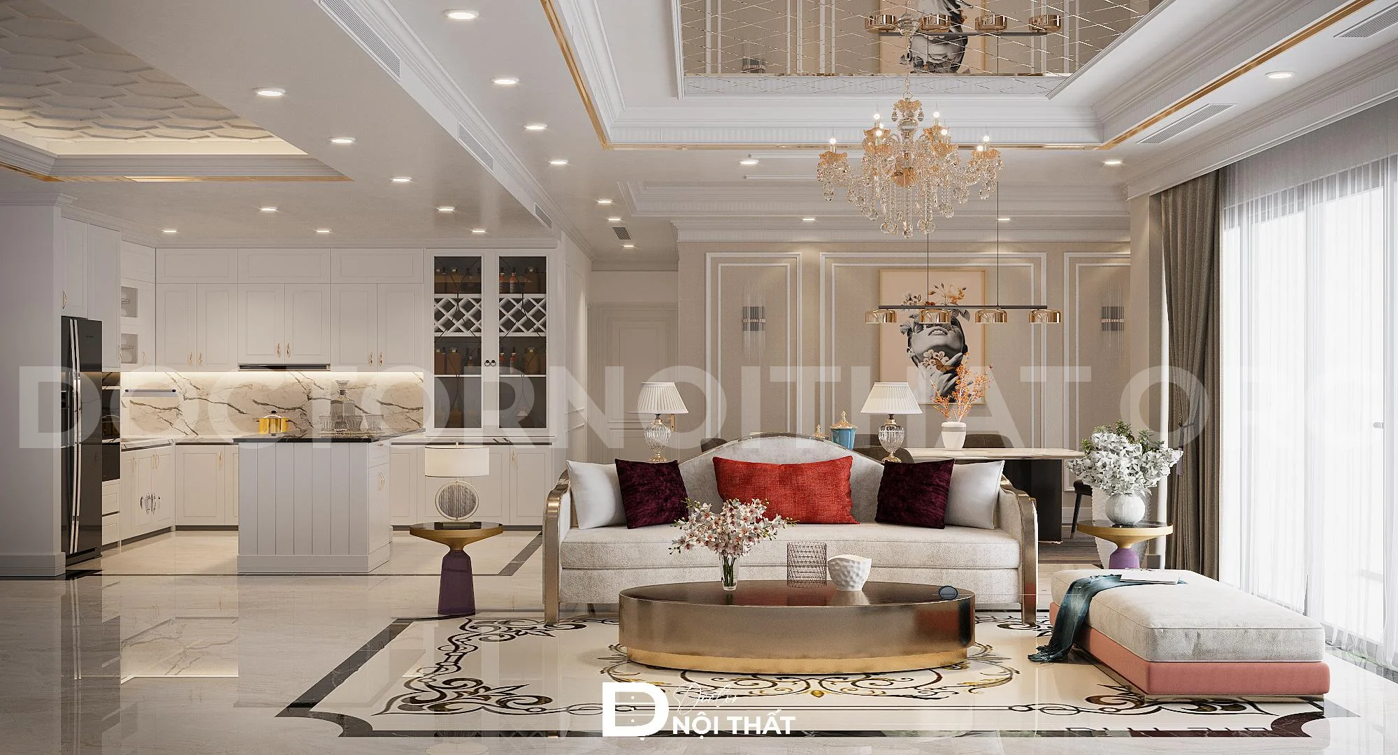 Mẫu thiết kế nội thất chung cư 3 phòng ngủ theo phong cách tân cổ điển liên thông với phòng bếp