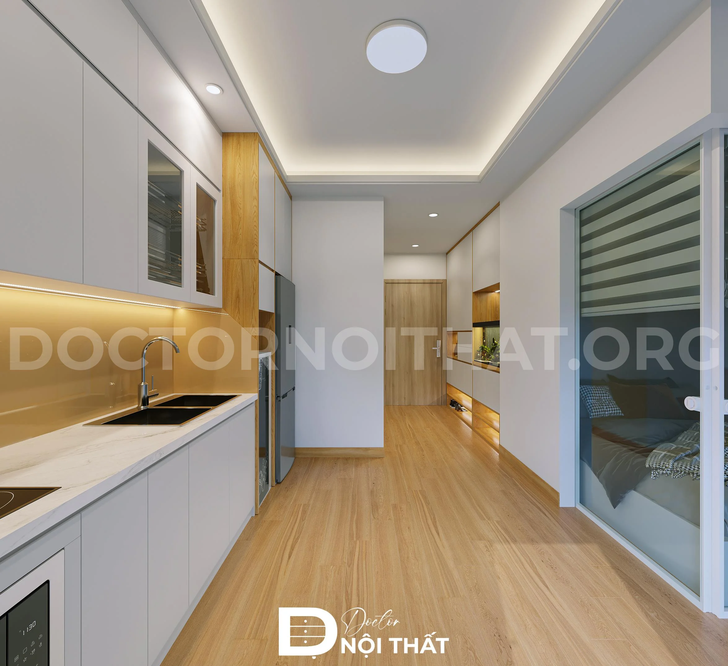 Mẫu thiết kế nội thất chung cư 3 phòng ngủ với không gian bếp theo chiều dọc để tận dụng không gian ngôi nhà