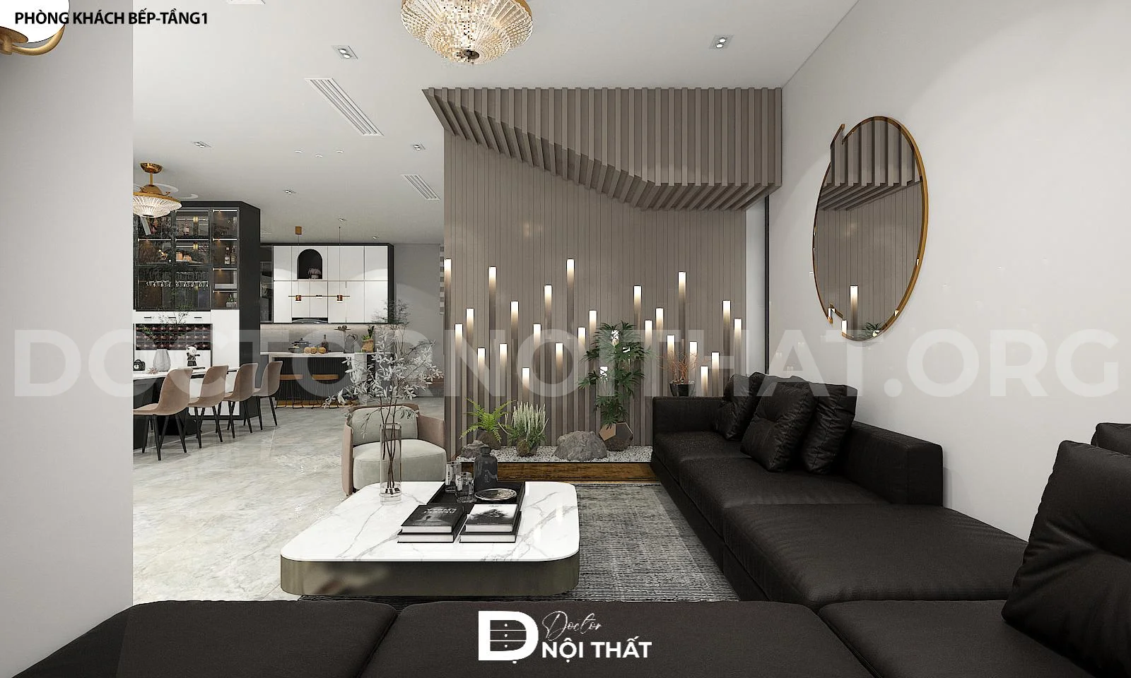 Mẫu thiết kế nội thất chung cư 3 phòng ngủ với tường thiết kế theo kiểu cách cùng đèn âm trần tinh tế, tạo điểm nhấn cho phòng khách