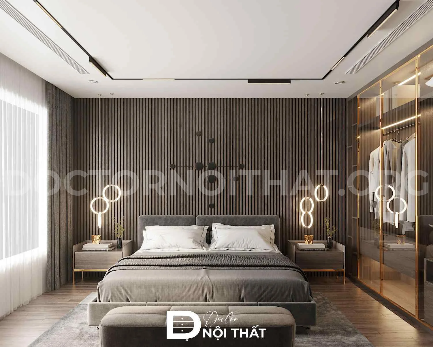 Thiết kế nội thất phòng ngủ master của anh Dũng với tone màu xám chủ đạo