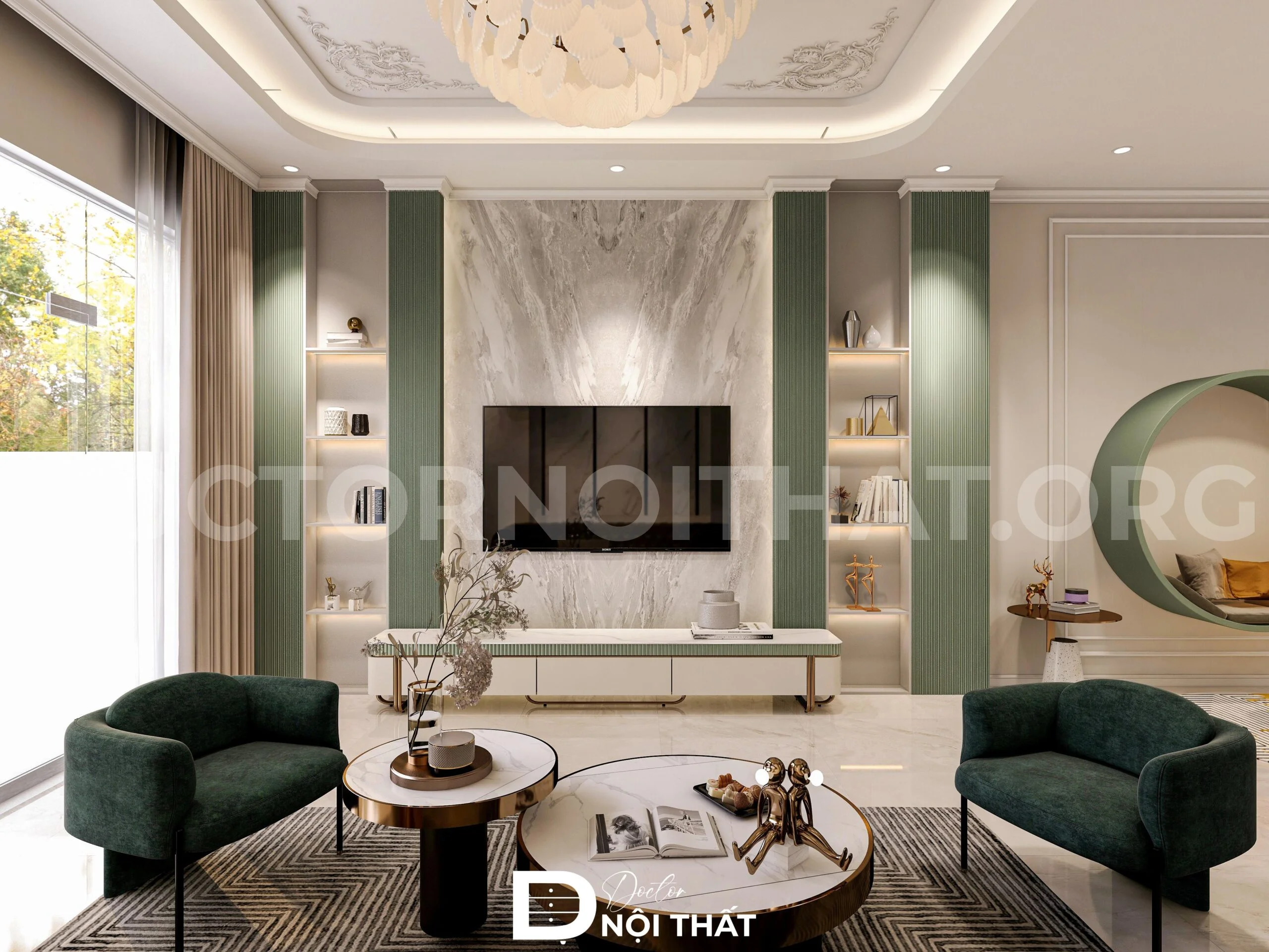 Thiết kế nội thất nhà cấp 4 với tông màu xanh ngọc cùng chất liệu đá và nhung
