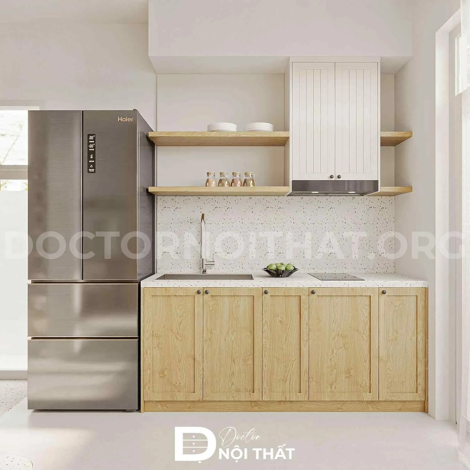 Mẫu thiết kế nội thất phòng bếp đẹp hiện đại sử dụng hệ tủ bếp chữ I nhỏ gọn