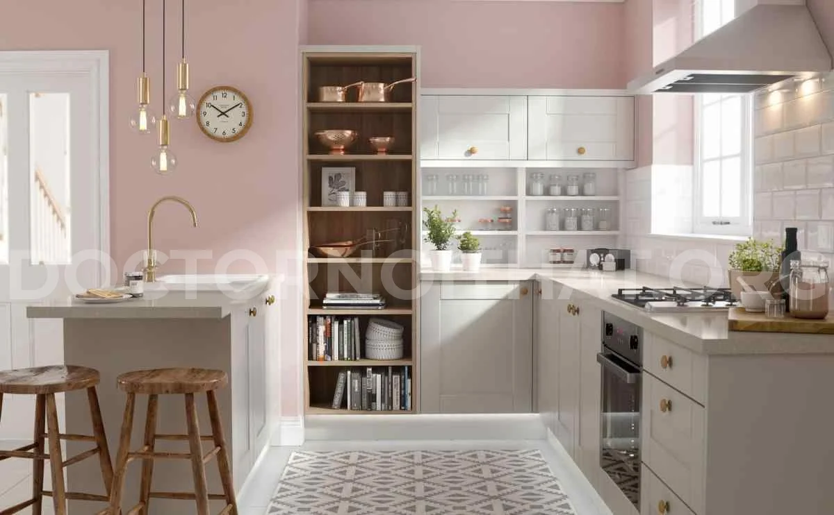 Mẫu thiết kế nội thất phòng bếp hiện đại sang trọng với màu hồng pastel tinh tế (nguồn: sưu tầm)