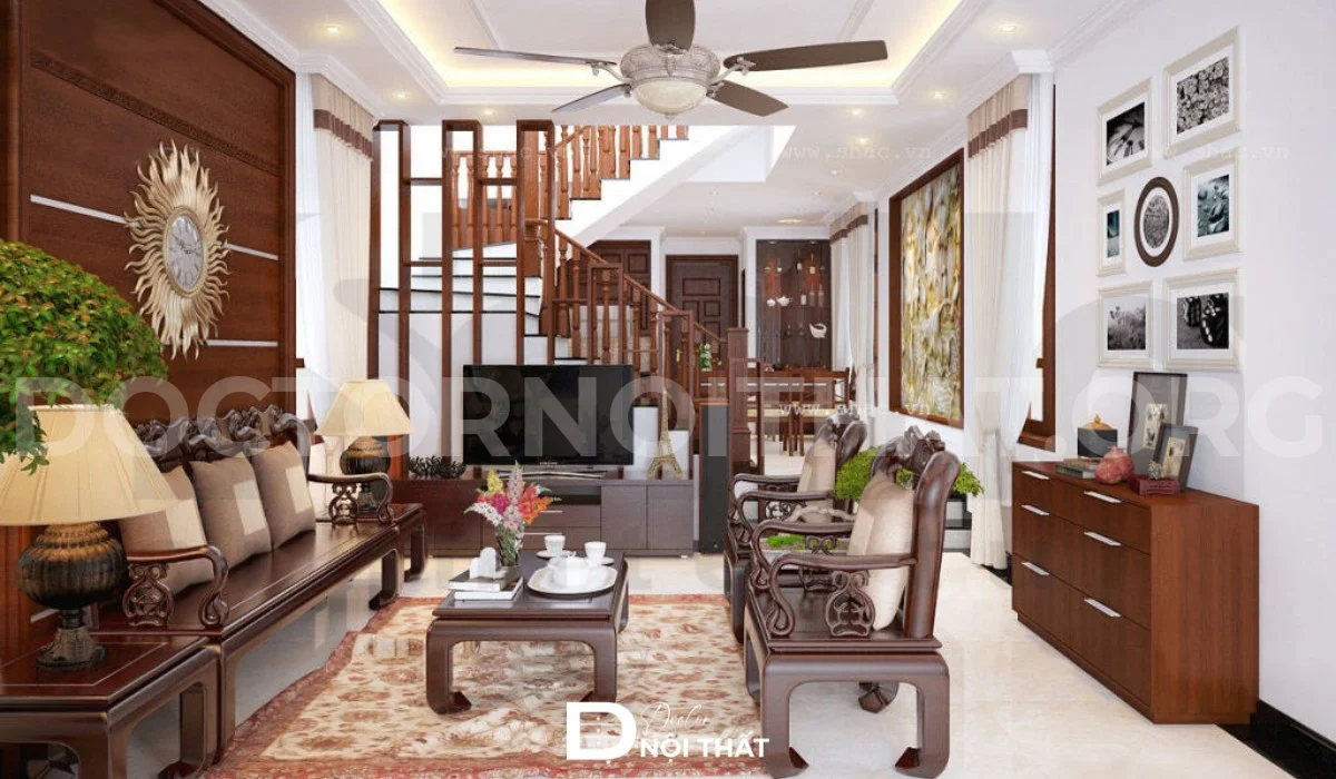 Mẫu thiết kế nội thất phòng khách nhà ống 5m truyền thống bằng gỗ