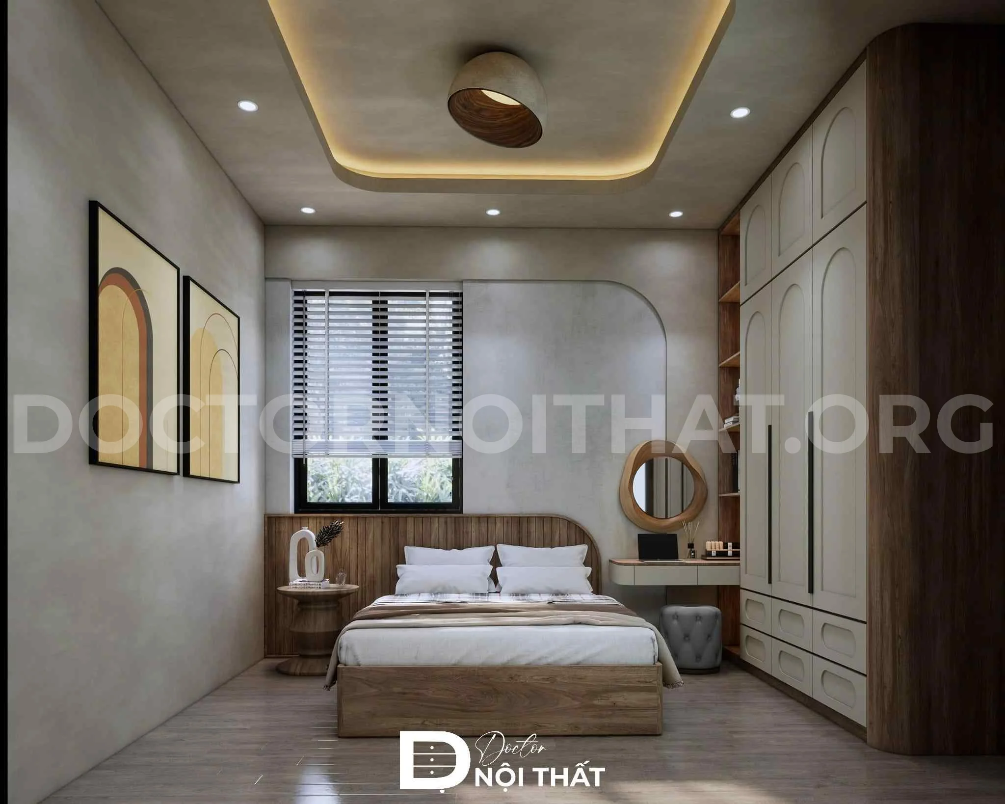 Nội thất phòng ngủ được thiết kế đơn giản với tone màu xám ấm cúng