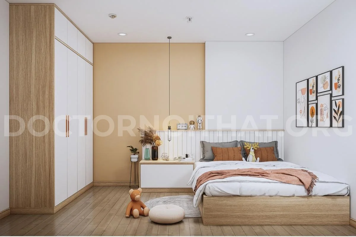 Mẫu thiết kế nội thất phòng ngủ 15m2 đơn giản với chất liệu gỗ công nghiệp (nguồn: sưu tầm)