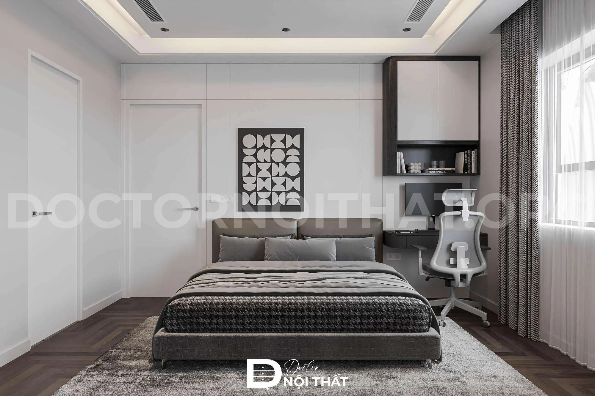 Mẫu thiết kế nội thất phòng ngủ nhỏ 9m2 theo tông màu trung tính hiện đại (Nguồn: Tham khảo)