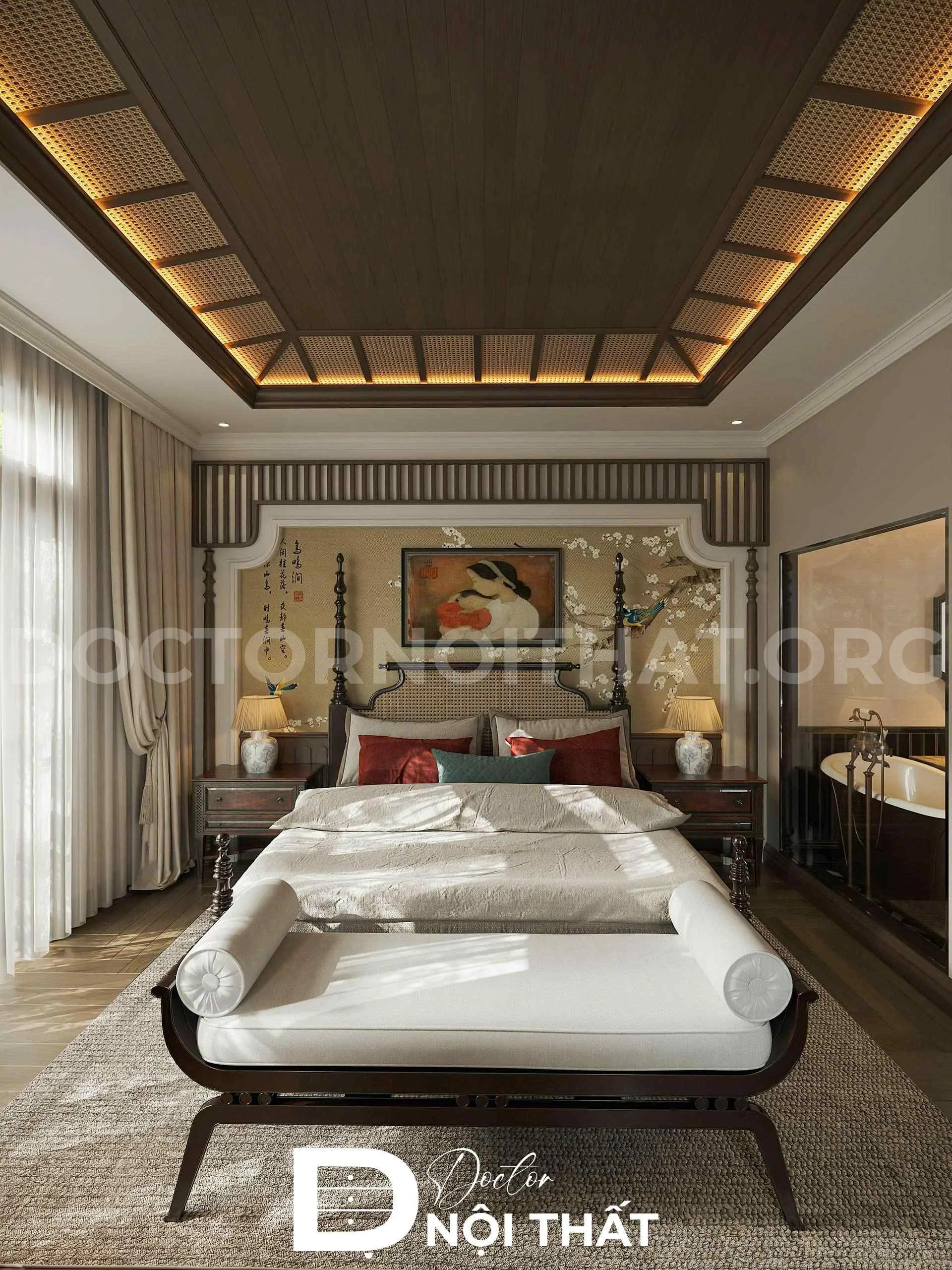 Mẫu thiết kế nội thất phòng ngủ theo phong cách Indochine đẹp hoài cổ