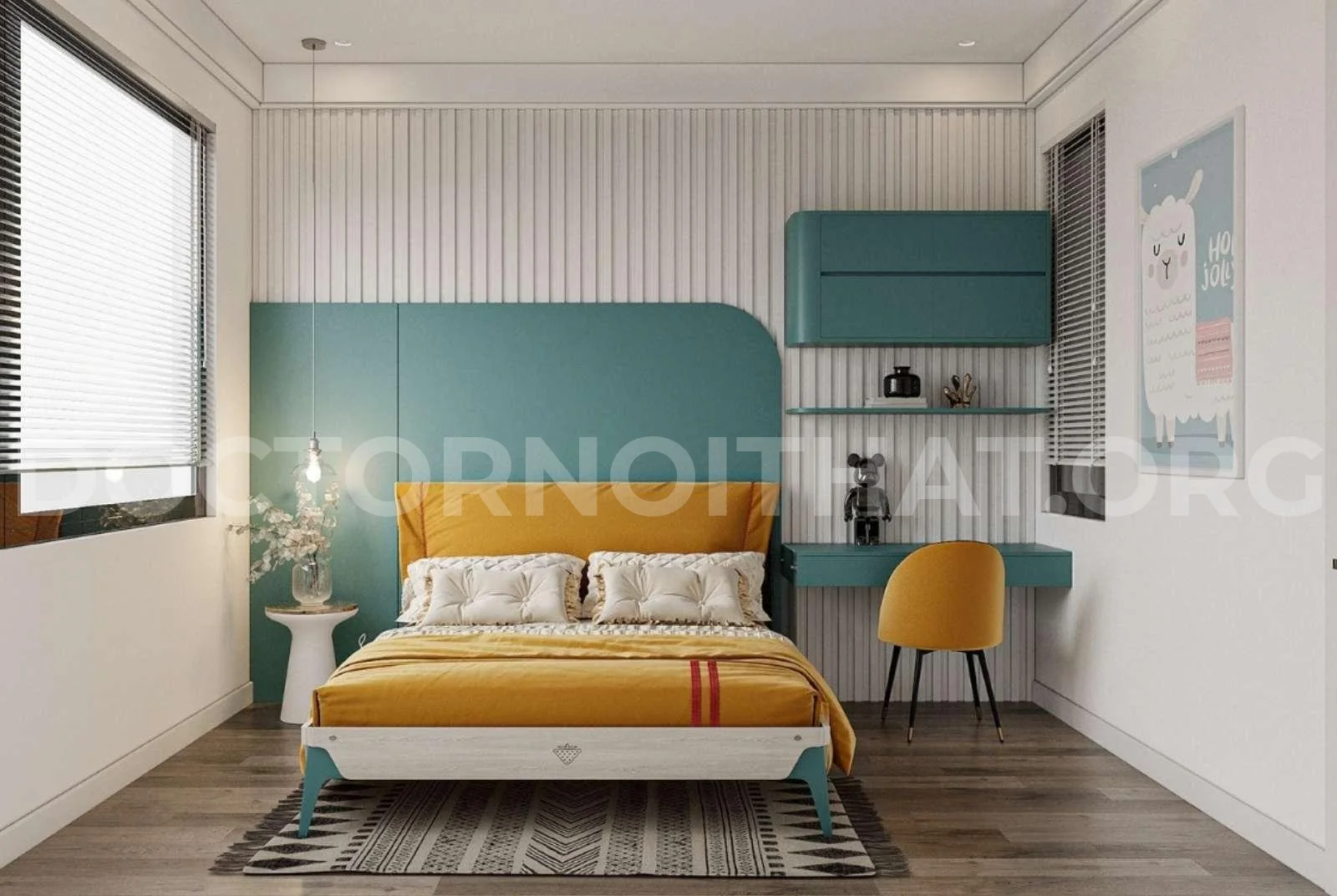 Mẫu thiết kế phòng ngủ 14m2 đẹp với nội thất gam màu tương phản (nguồn: sưu tầm)