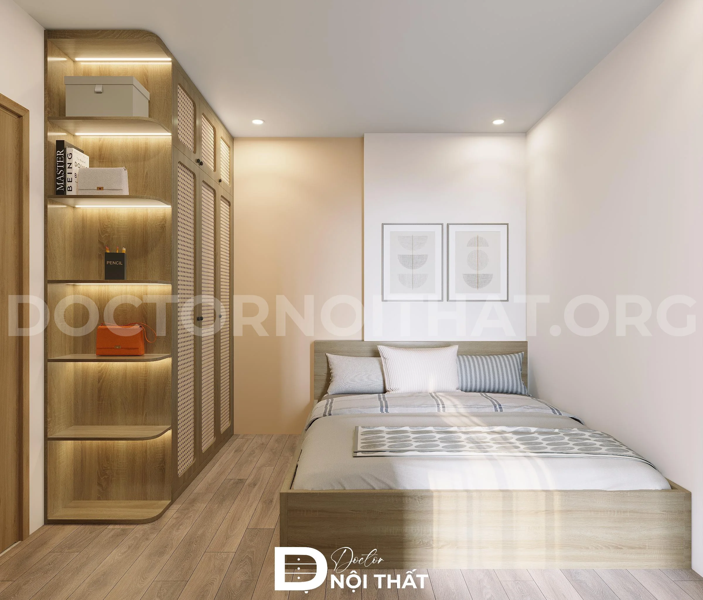Mẫu phòng ngủ nhỏ phong cách Japandi được thiết kế đơn giản với các món nội thất có đường nét mềm mại