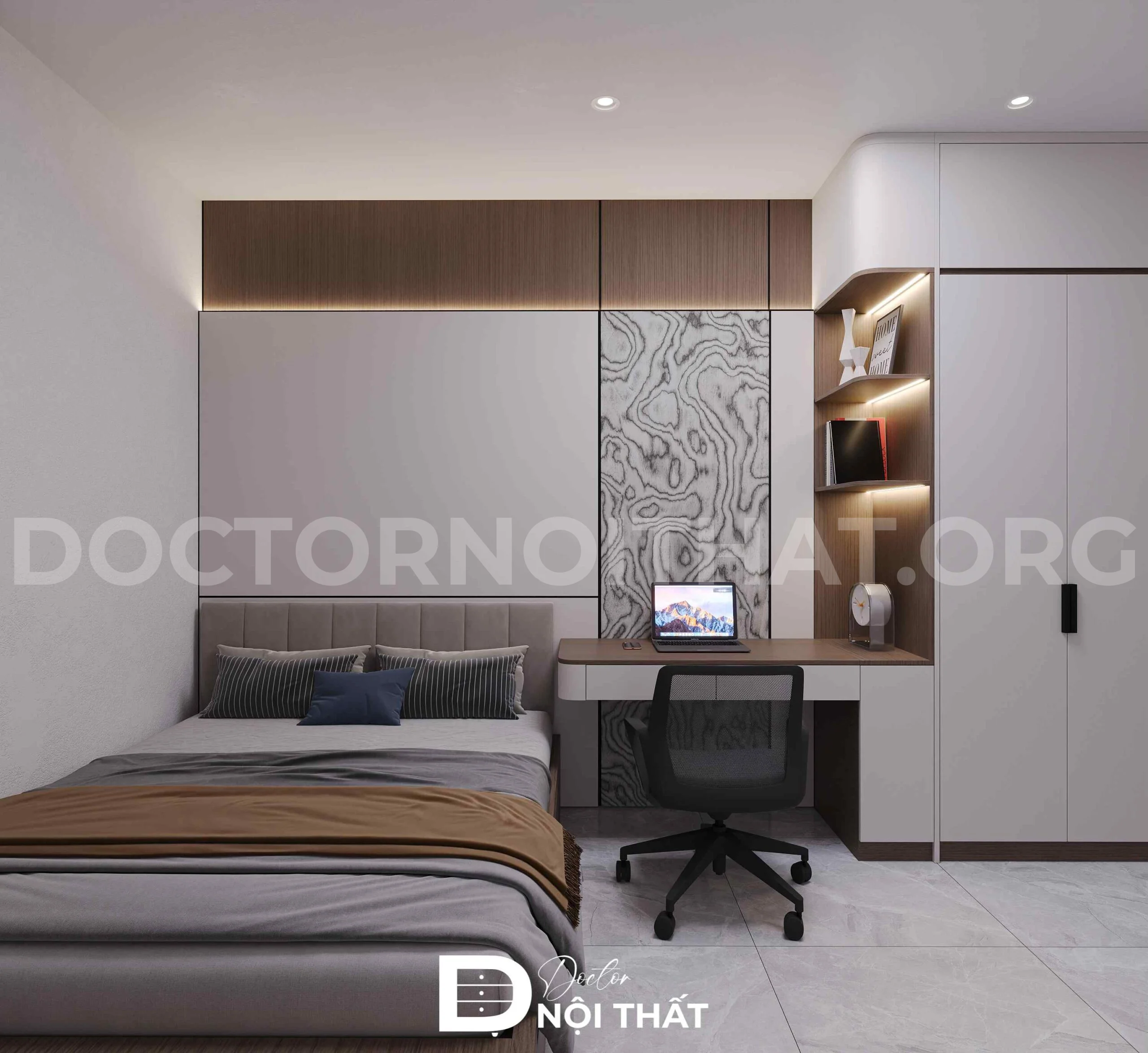 Mẫu thiết kế nội thất phòng ngủ 9m2 bố trí bàn học liền giường ngủ