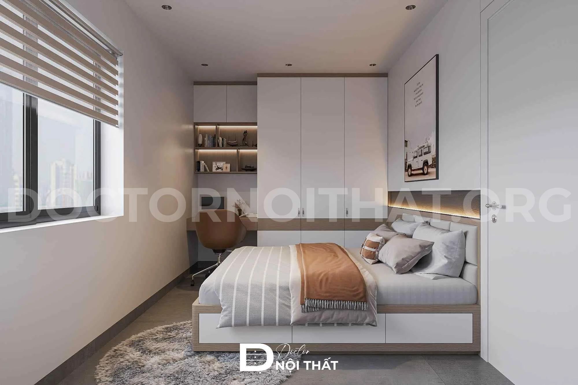 Mẫu thiết kế nội thất phòng ngủ nhỏ 10m2 theo chiều dọc khoa học, tiện nghi