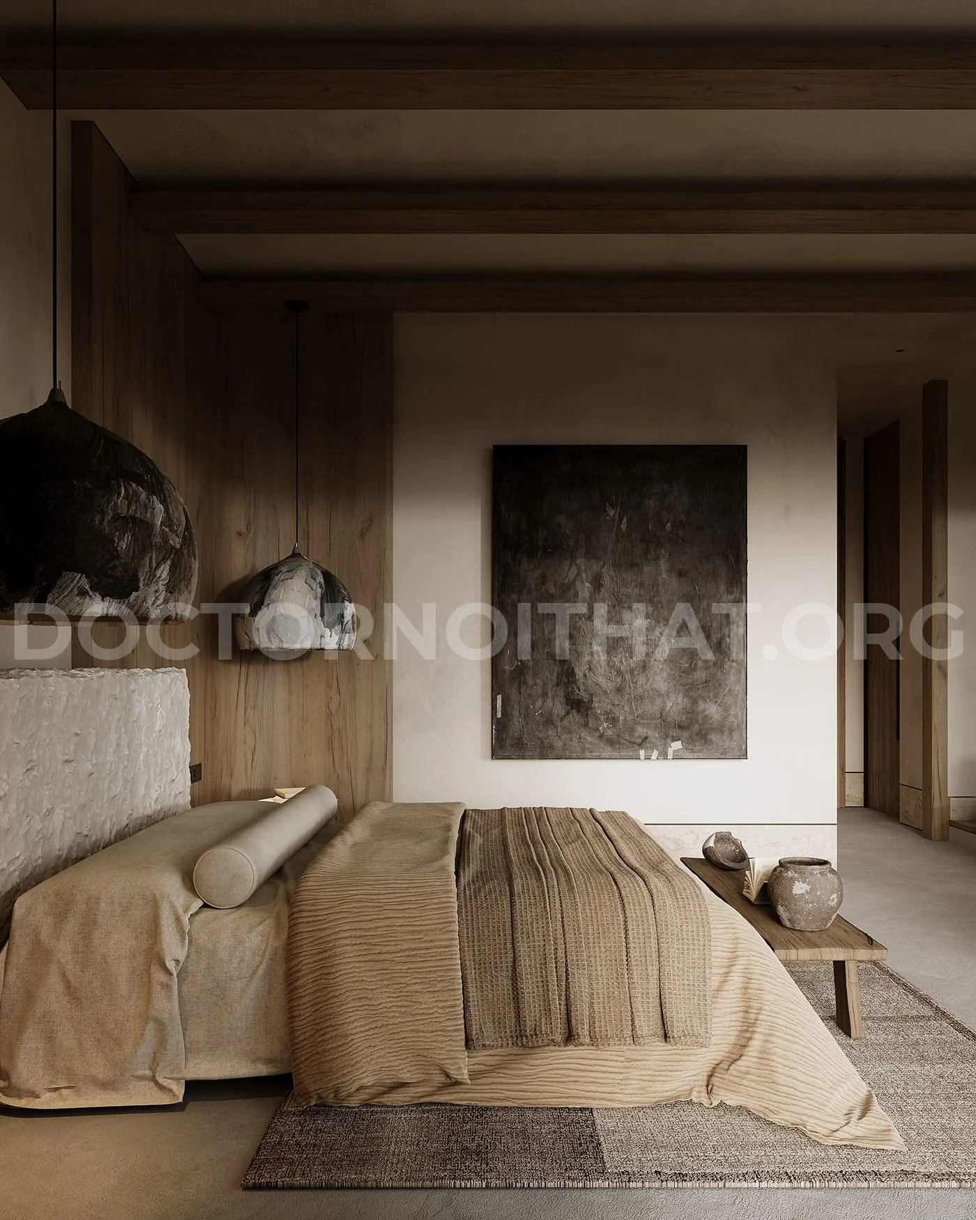 Mẫu thiết kế nội thất phòng ngủ nhỏ Wabi sabi có chút sờn cũ với tông màu nâu gỗ làm chủ đạo (Nguồn: sưu tầm)