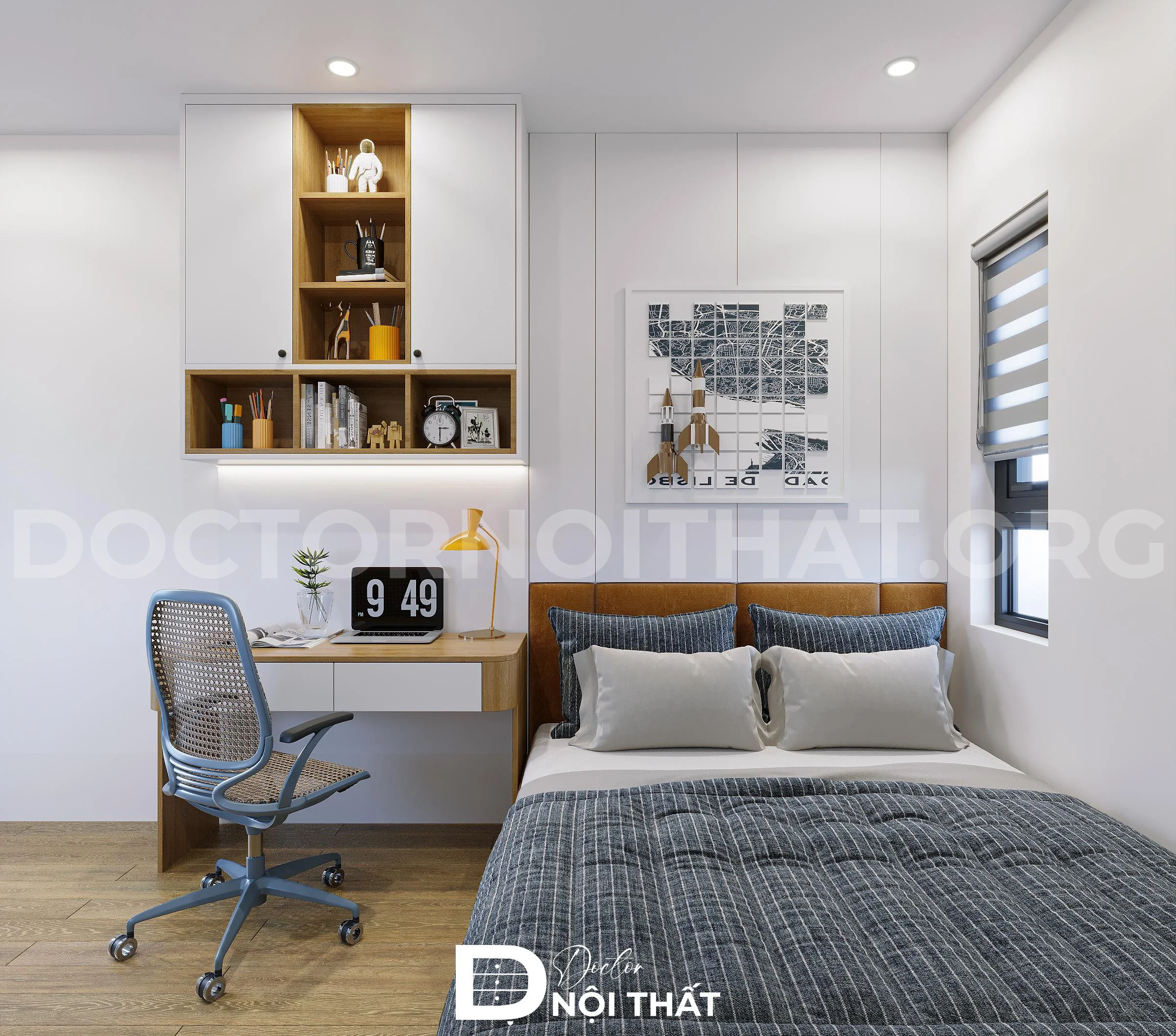 Mẫu thiết kế phòng ngủ nhỏ cho nam nổi bật với các chi tiết nội thất mạnh mẽ, không gian gọn gàng