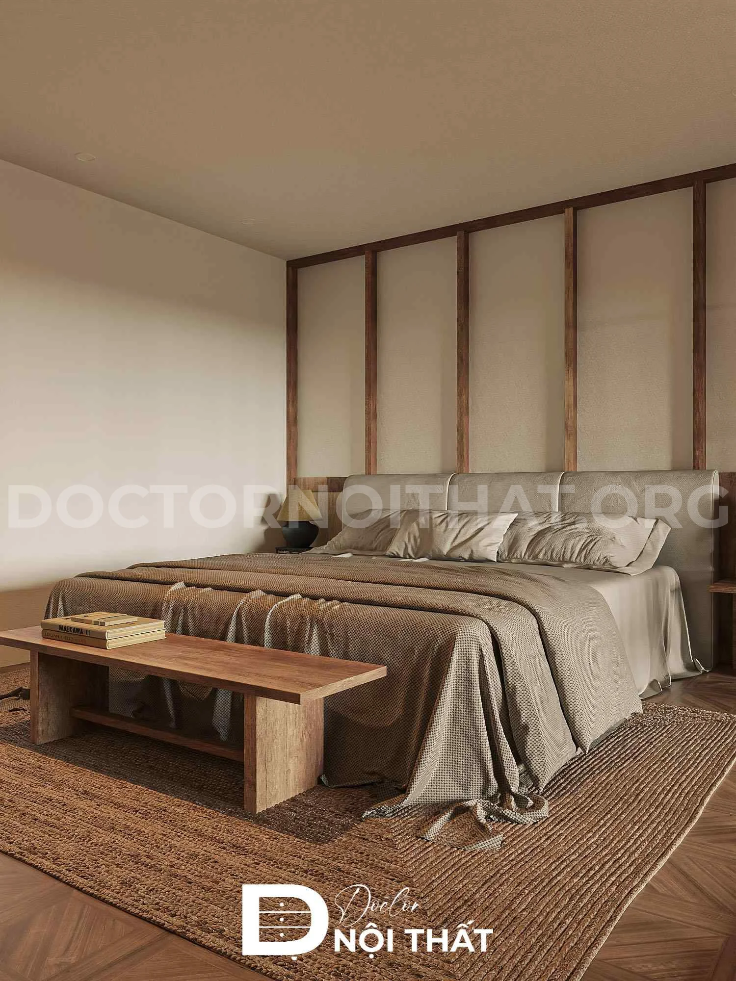 Mẫu thiết kế phòng ngủ nhỏ theo phong cách Wabi Sabi sử dụng nội thất gỗ tự nhiên