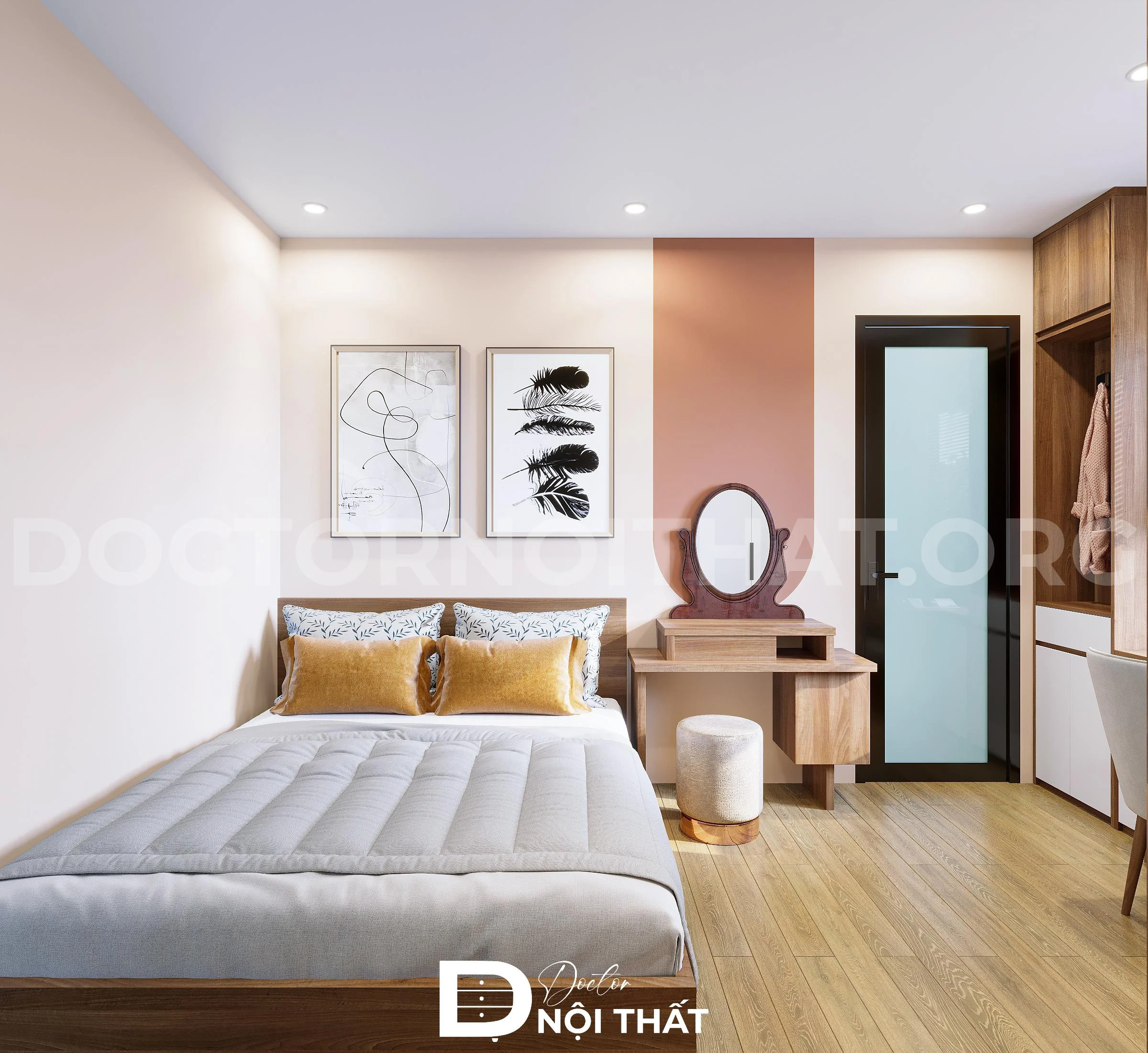 Thiết kế nội thất phòng ngủ nhỏ cho nữ luôn được thiết kế với tông màu pastel ngọt ngào kết hợp tranh ảnh nghệ thuật